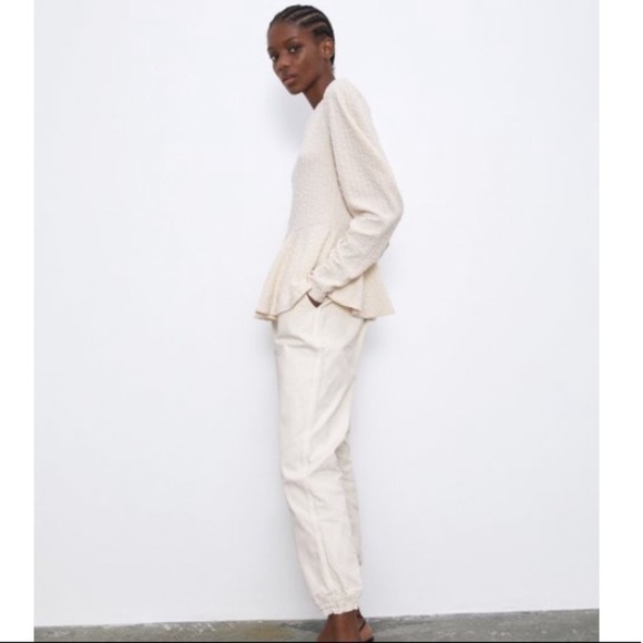 Zara Peplum Textured Top with Ruching Sleeves - Picture 1 of 7